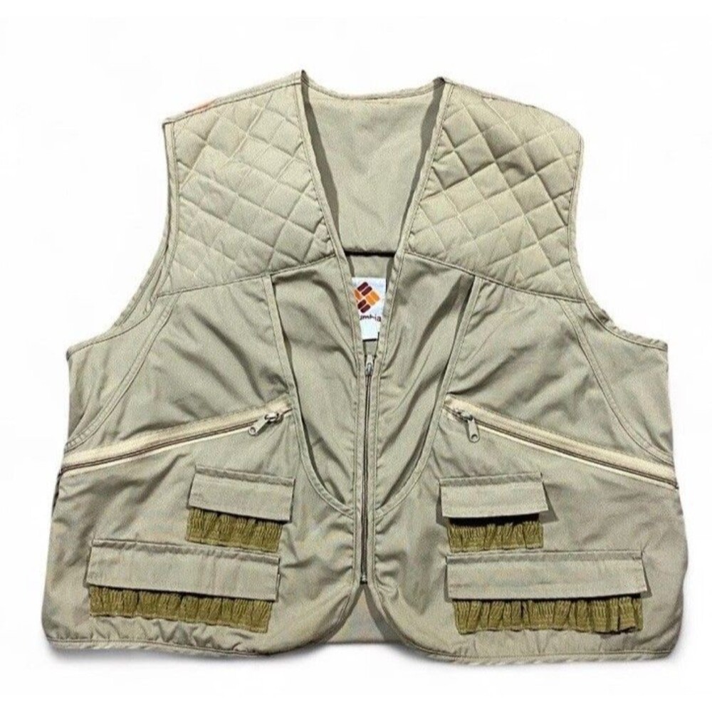 VTG Columbia Fishing Utility Vest Beige Orange Quilted Outdoors 80s Size 3XL